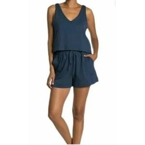H by Halston Studio Womens Sleeveless V-Neck Blue Romper Cotton Oversized XL